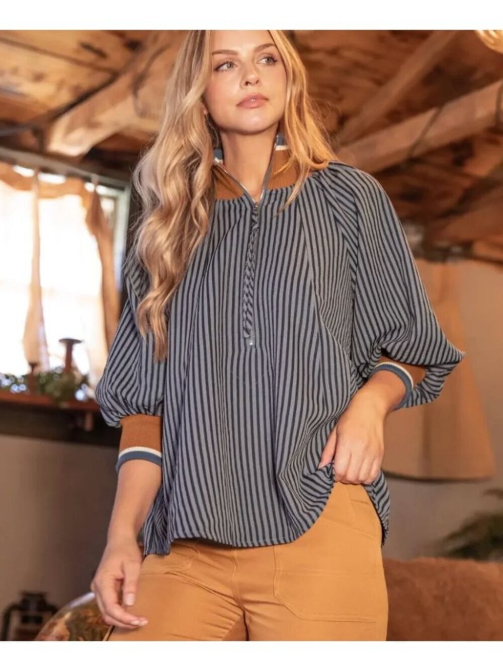 She + Sky Fall Varsity Stripe Dolman Top Navy Size S Long Sleeve